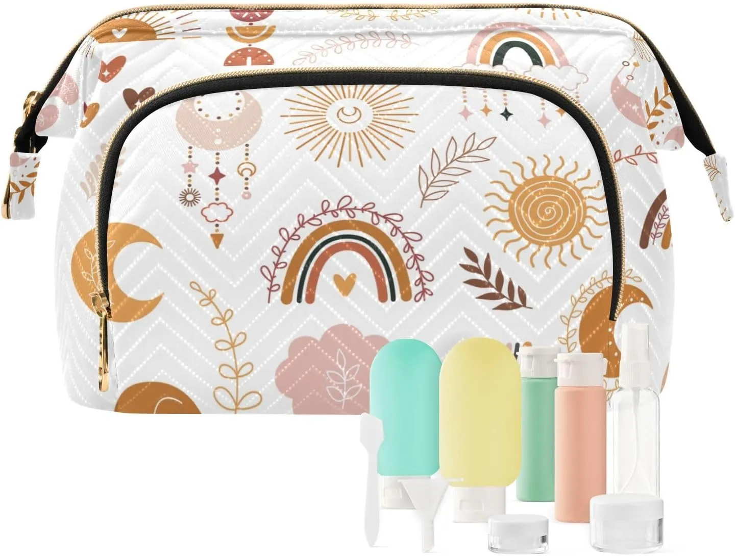 Women Wave Quilt Cosmetic Bag, Storage Pouch Handbag Makeup Case Zipper Toiletry Purse Holder Organizer 10.2x5.9x6.7 in Ethnic Tribal Brown Rainbows Moon, Sun, Cloud, Dreamcatcher