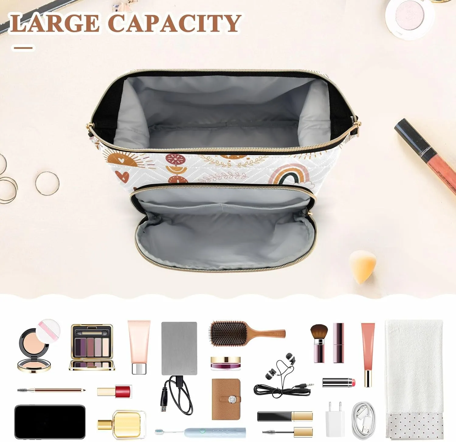 Women Wave Quilt Cosmetic Bag, Storage Pouch Handbag Makeup Case Zipper Toiletry Purse Holder Organizer 10.2x5.9x6.7 in Ethnic Tribal Brown Rainbows Moon, Sun, Cloud, Dreamcatcher