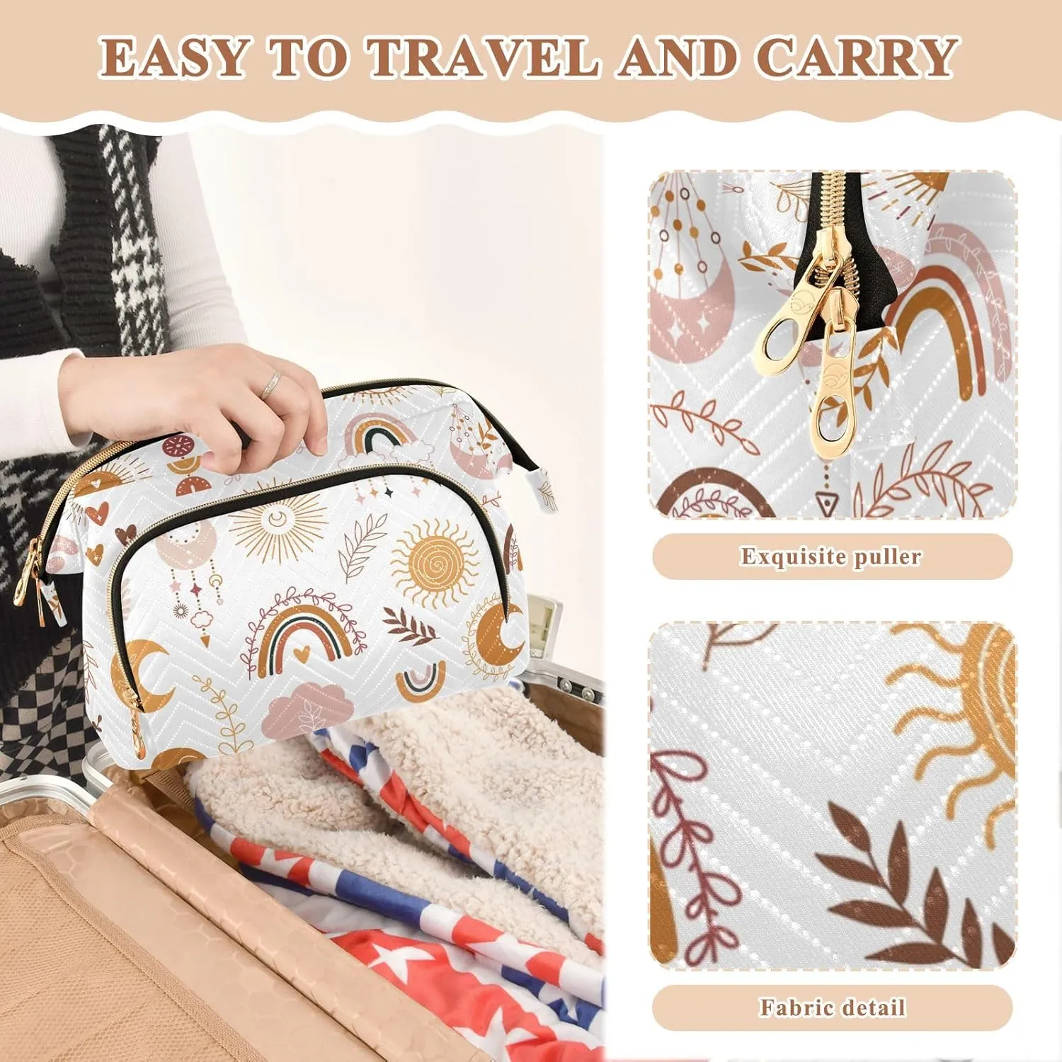 Women Wave Quilt Cosmetic Bag, Storage Pouch Handbag Makeup Case Zipper Toiletry Purse Holder Organizer 10.2x5.9x6.7 in Ethnic Tribal Brown Rainbows Moon, Sun, Cloud, Dreamcatcher