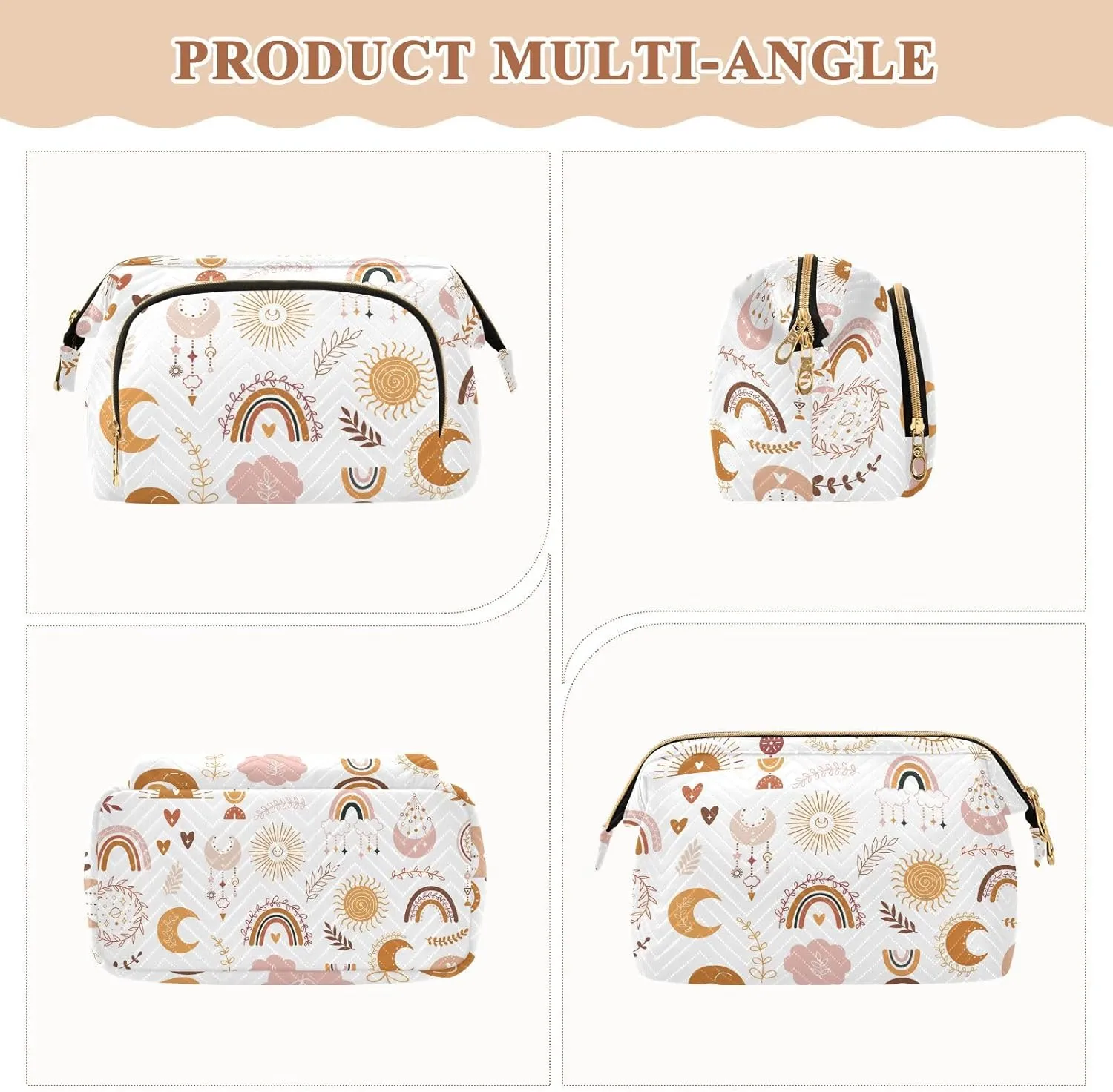 Women Wave Quilt Cosmetic Bag, Storage Pouch Handbag Makeup Case Zipper Toiletry Purse Holder Organizer 10.2x5.9x6.7 in Ethnic Tribal Brown Rainbows Moon, Sun, Cloud, Dreamcatcher