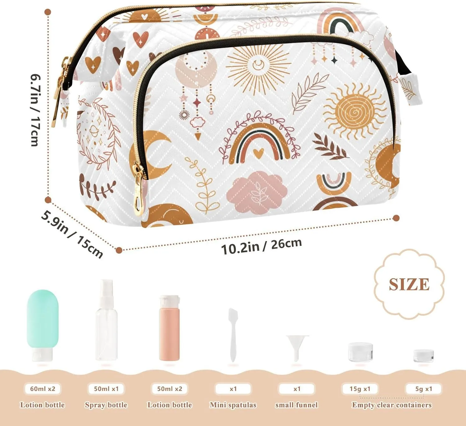 Women Wave Quilt Cosmetic Bag, Storage Pouch Handbag Makeup Case Zipper Toiletry Purse Holder Organizer 10.2x5.9x6.7 in Ethnic Tribal Brown Rainbows Moon, Sun, Cloud, Dreamcatcher