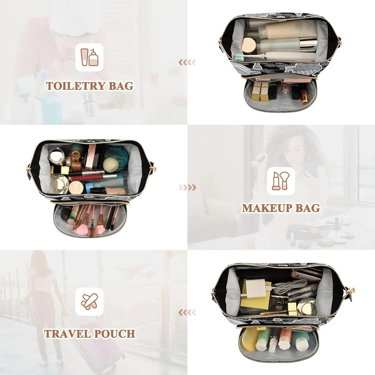 Women Wave Quilt Cosmetic Bag, Storage Pouch Handbag Makeup Case Zipper Toiletry Purse Holder Organizer 10.2x5.9x6.7 in Grey Construction Machinery with Truck Crane and Bulldozer