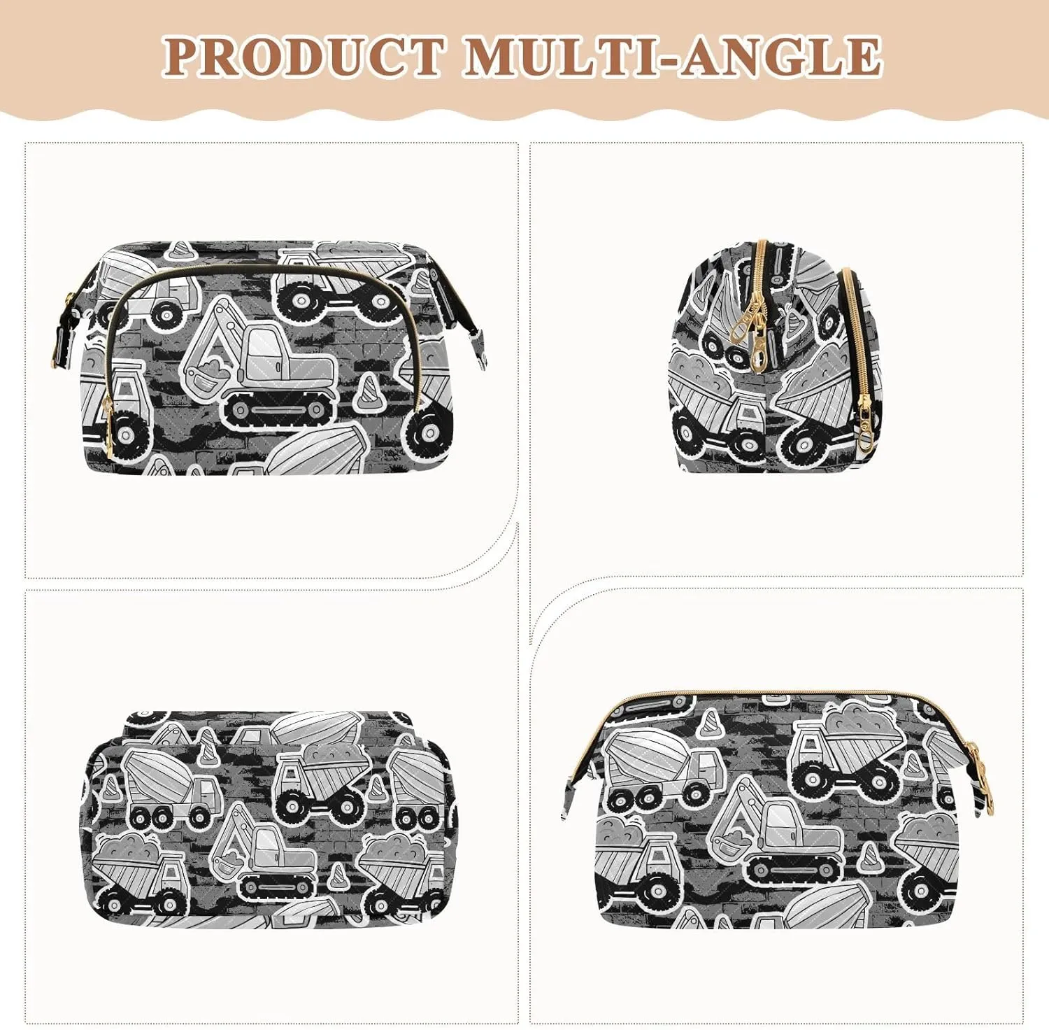 Women Wave Quilt Cosmetic Bag, Storage Pouch Handbag Makeup Case Zipper Toiletry Purse Holder Organizer 10.2x5.9x6.7 in Grey Construction Machinery with Truck Crane and Bulldozer