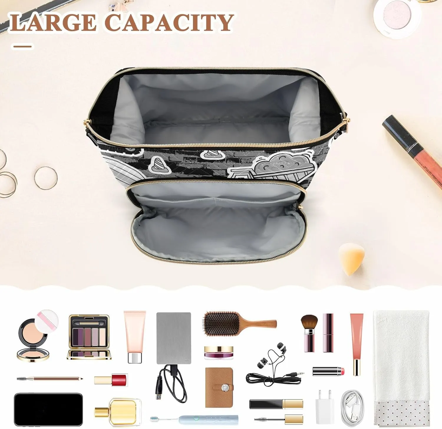 Women Wave Quilt Cosmetic Bag, Storage Pouch Handbag Makeup Case Zipper Toiletry Purse Holder Organizer 10.2x5.9x6.7 in Grey Construction Machinery with Truck Crane and Bulldozer