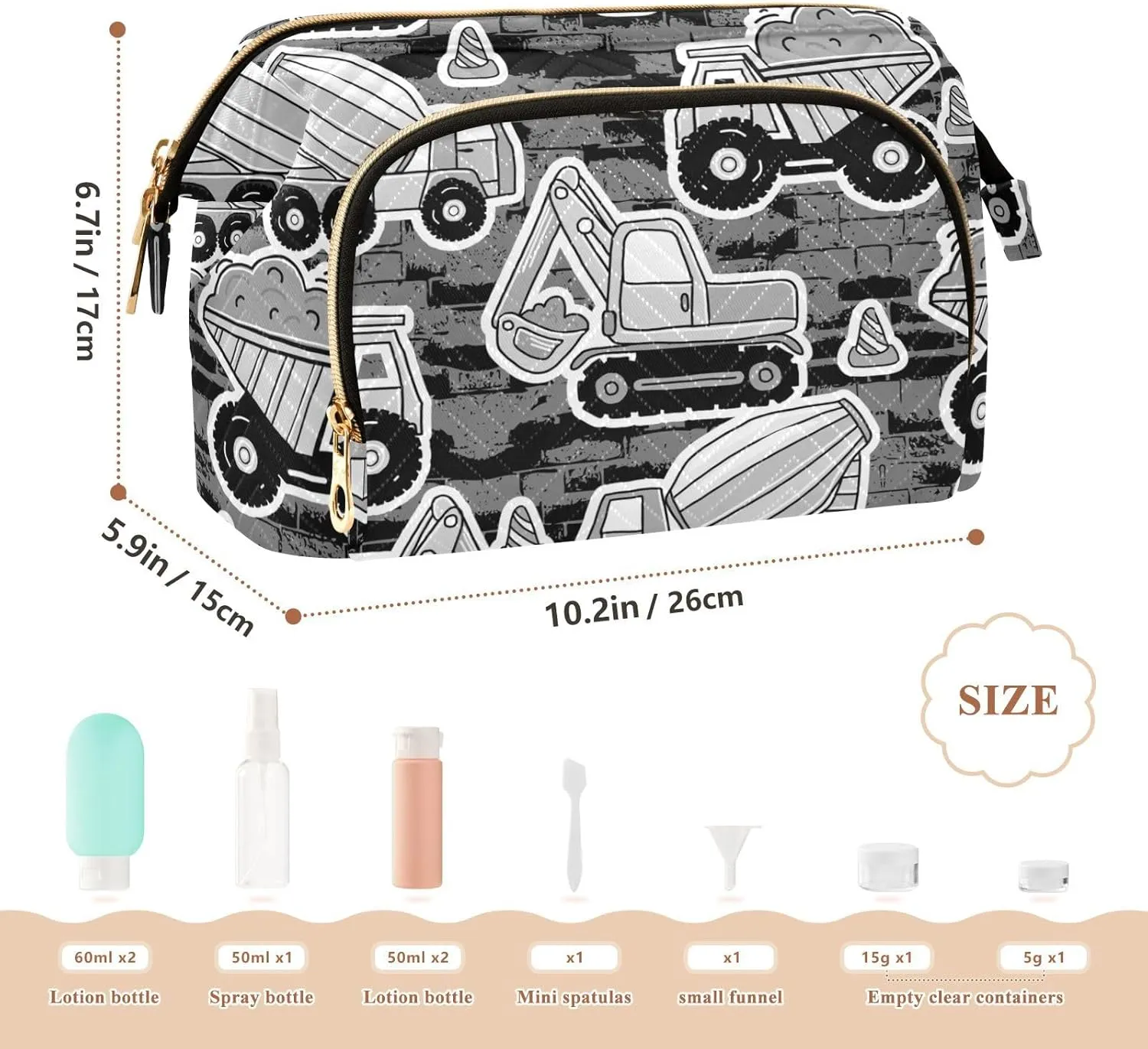 Women Wave Quilt Cosmetic Bag, Storage Pouch Handbag Makeup Case Zipper Toiletry Purse Holder Organizer 10.2x5.9x6.7 in Grey Construction Machinery with Truck Crane and Bulldozer