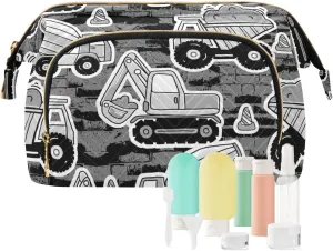 Women Wave Quilt Cosmetic Bag, Storage Pouch Handbag Makeup Case Zipper Toiletry Purse Holder Organizer 10.2x5.9x6.7 in Grey Construction Machinery with Truck Crane and Bulldozer