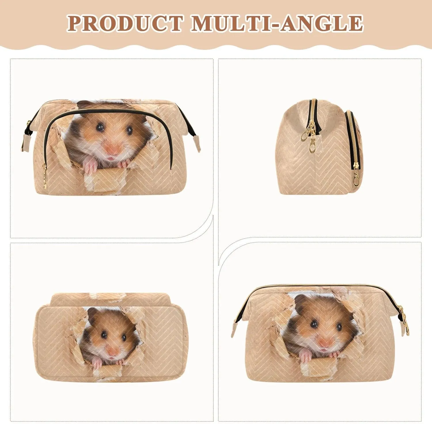 Women Wave Quilt Cosmetic Bag, Storage Pouch Handbag Makeup Case Zipper Toiletry Purse Holder Organizer 10.2x5.9x6.7 in Little Hamster Looking Through a Cardboard Torn Hole