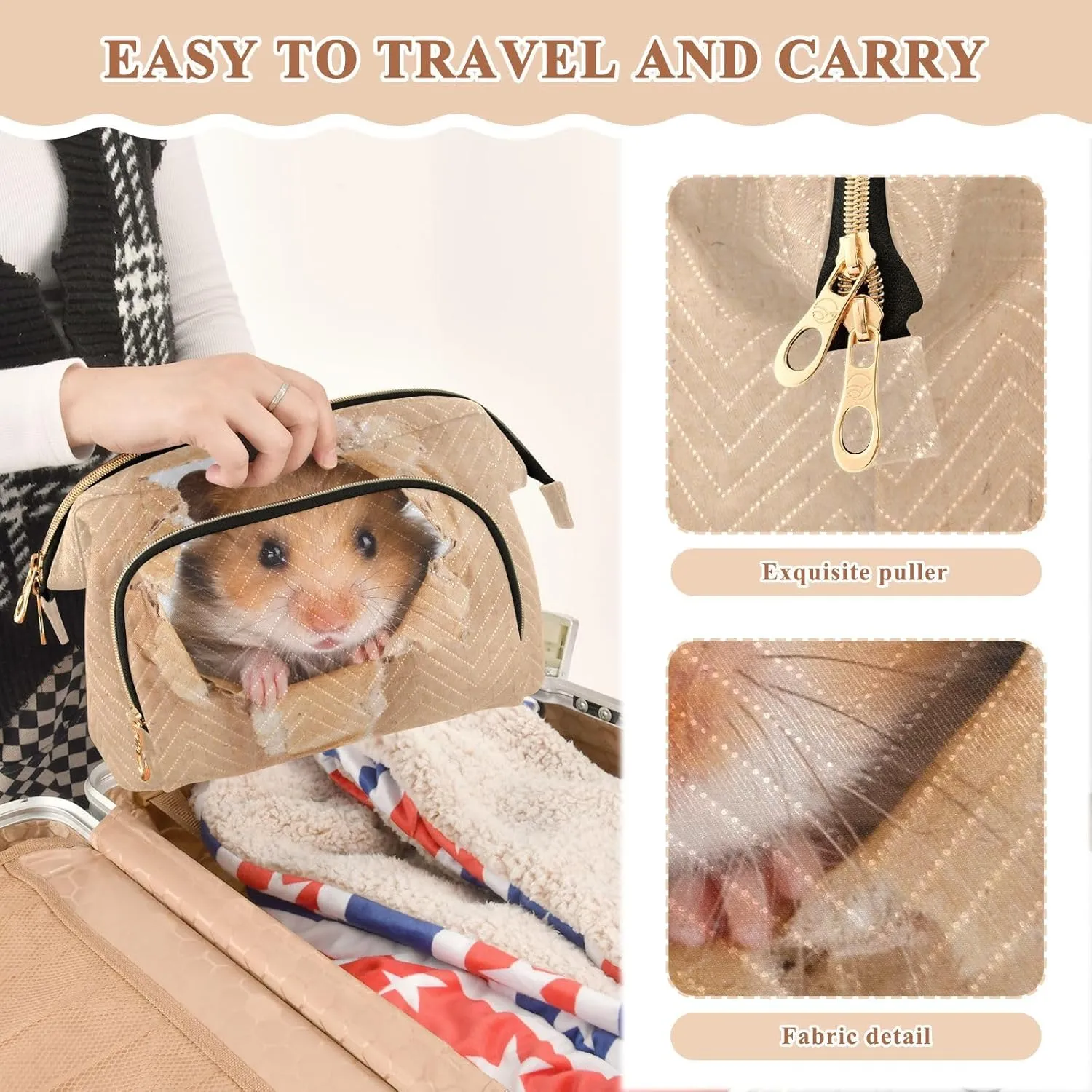 Women Wave Quilt Cosmetic Bag, Storage Pouch Handbag Makeup Case Zipper Toiletry Purse Holder Organizer 10.2x5.9x6.7 in Little Hamster Looking Through a Cardboard Torn Hole