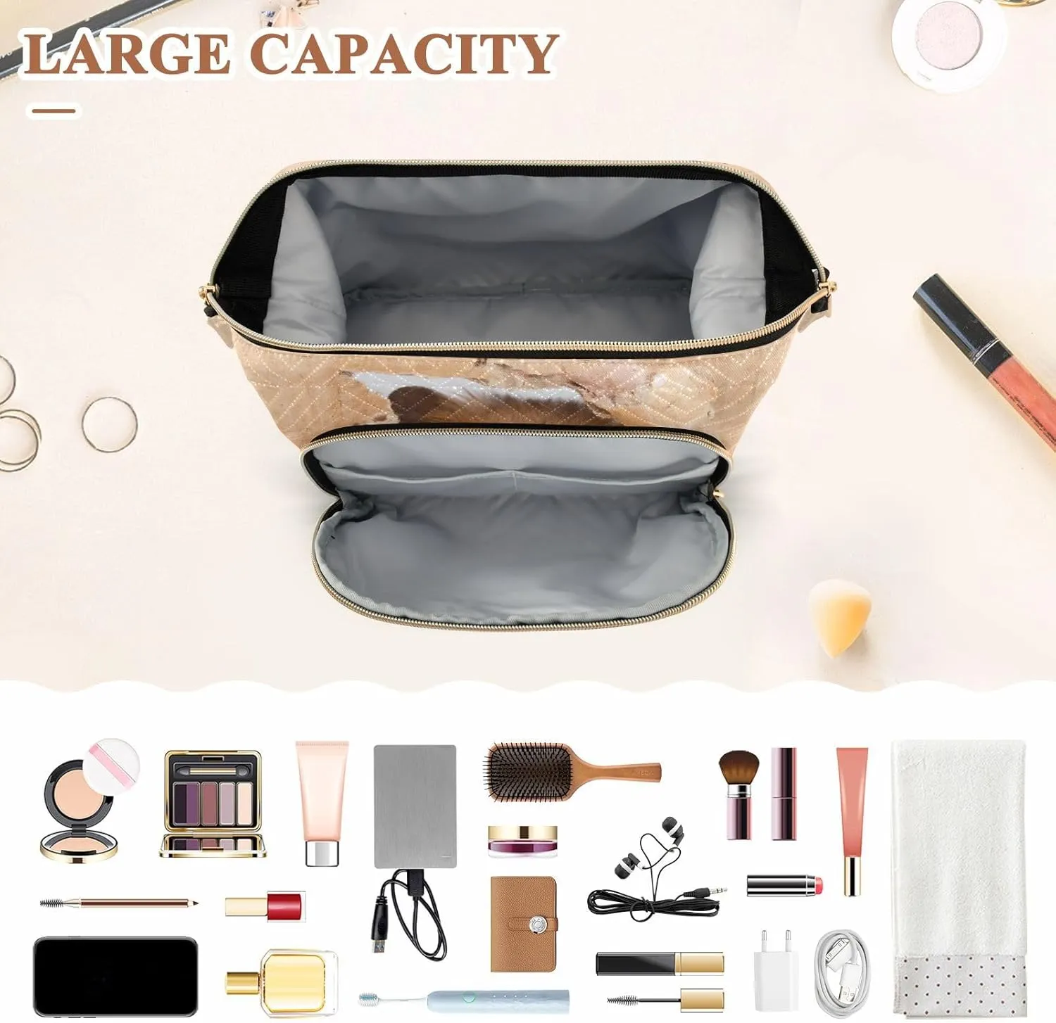 Women Wave Quilt Cosmetic Bag, Storage Pouch Handbag Makeup Case Zipper Toiletry Purse Holder Organizer 10.2x5.9x6.7 in Little Hamster Looking Through a Cardboard Torn Hole