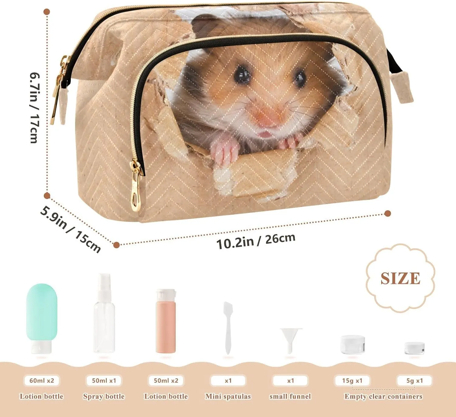 Women Wave Quilt Cosmetic Bag, Storage Pouch Handbag Makeup Case Zipper Toiletry Purse Holder Organizer 10.2x5.9x6.7 in Little Hamster Looking Through a Cardboard Torn Hole