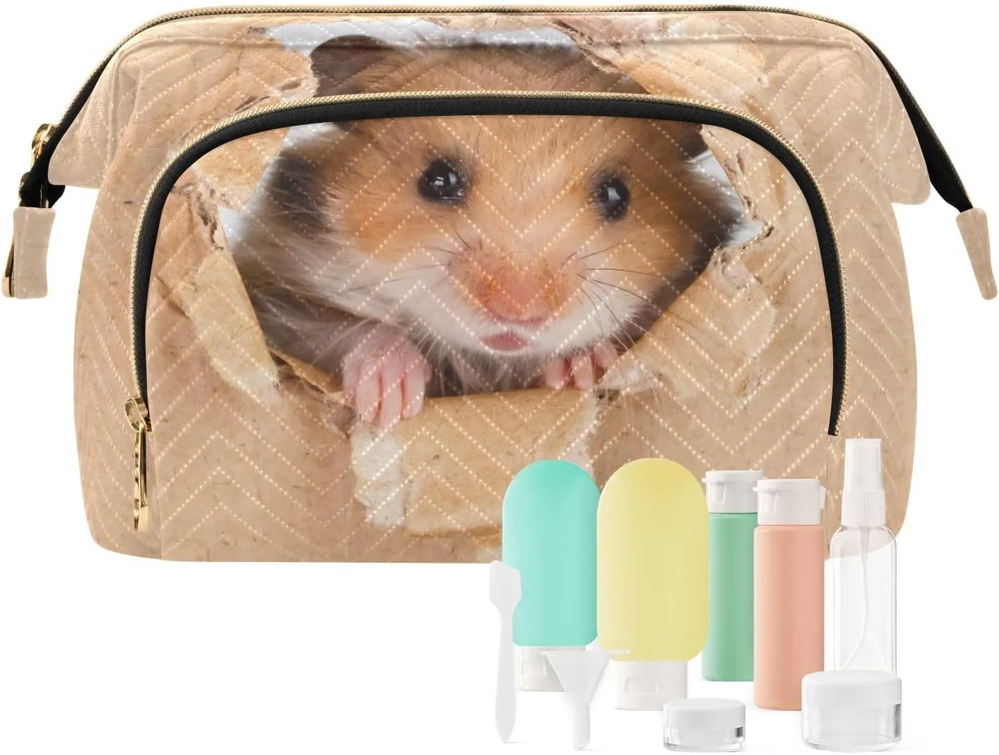 Women Wave Quilt Cosmetic Bag, Storage Pouch Handbag Makeup Case Zipper Toiletry Purse Holder Organizer 10.2x5.9x6.7 in Little Hamster Looking Through a Cardboard Torn Hole