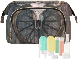 Women Wave Quilt Cosmetic Bag, Storage Pouch Handbag Makeup Case Zipper Toiletry Purse Holder Organizer 10.2x5.9x6.7 in Long Horned Bull Skull Old West Wagon Wheel Hanged on a Wood Wall