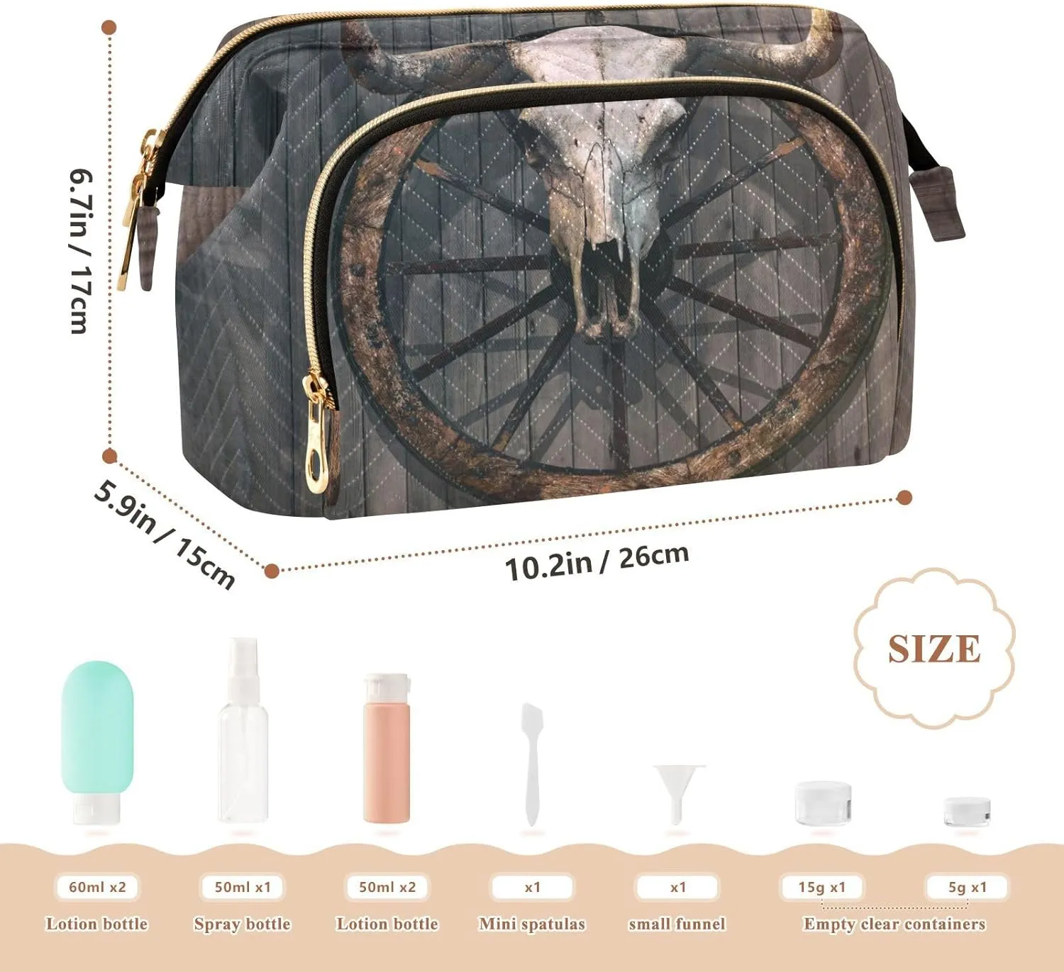 Women Wave Quilt Cosmetic Bag, Storage Pouch Handbag Makeup Case Zipper Toiletry Purse Holder Organizer 10.2x5.9x6.7 in Long Horned Bull Skull Old West Wagon Wheel Hanged on a Wood Wall