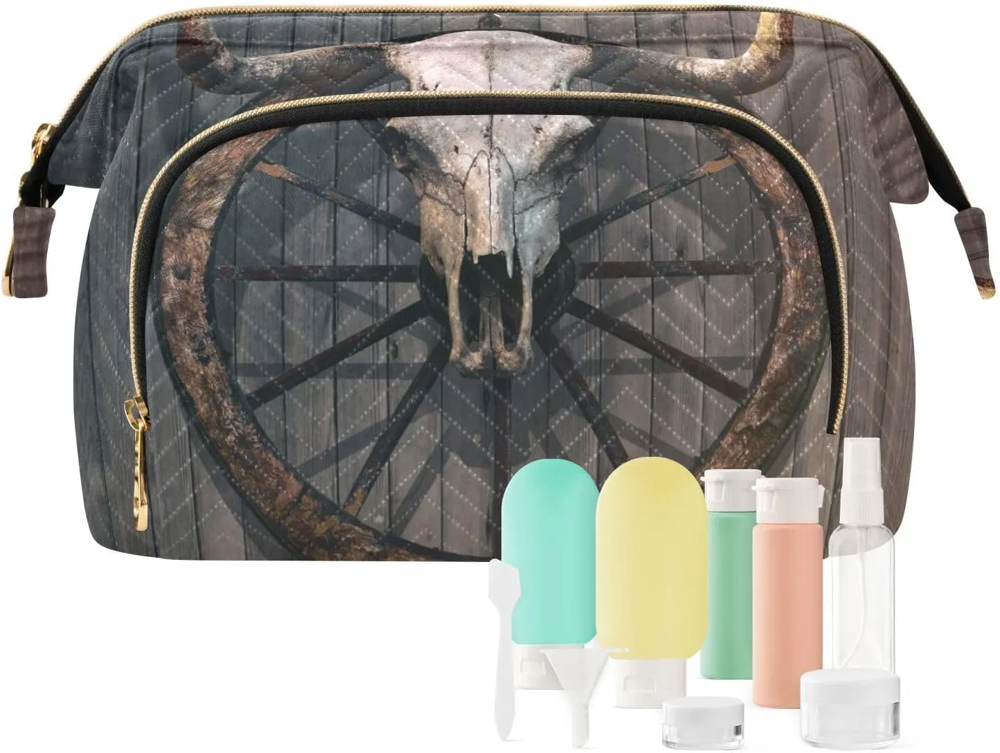 Women Wave Quilt Cosmetic Bag, Storage Pouch Handbag Makeup Case Zipper Toiletry Purse Holder Organizer 10.2x5.9x6.7 in Long Horned Bull Skull Old West Wagon Wheel Hanged on a Wood Wall