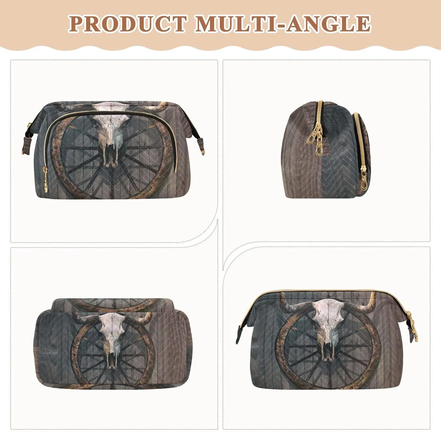 Women Wave Quilt Cosmetic Bag, Storage Pouch Handbag Makeup Case Zipper Toiletry Purse Holder Organizer 10.2x5.9x6.7 in Long Horned Bull Skull Old West Wagon Wheel Hanged on a Wood Wall