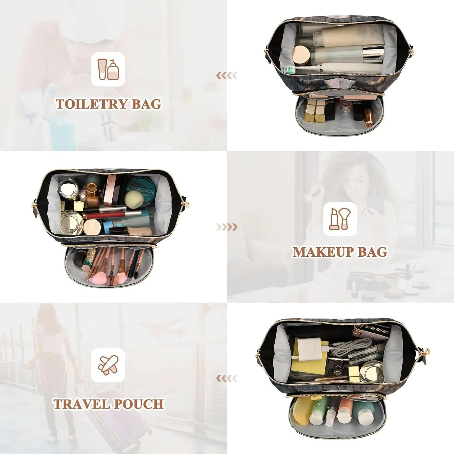 Women Wave Quilt Cosmetic Bag, Storage Pouch Handbag Makeup Case Zipper Toiletry Purse Holder Organizer 10.2x5.9x6.7 in Long Horned Bull Skull Old West Wagon Wheel Hanged on a Wood Wall