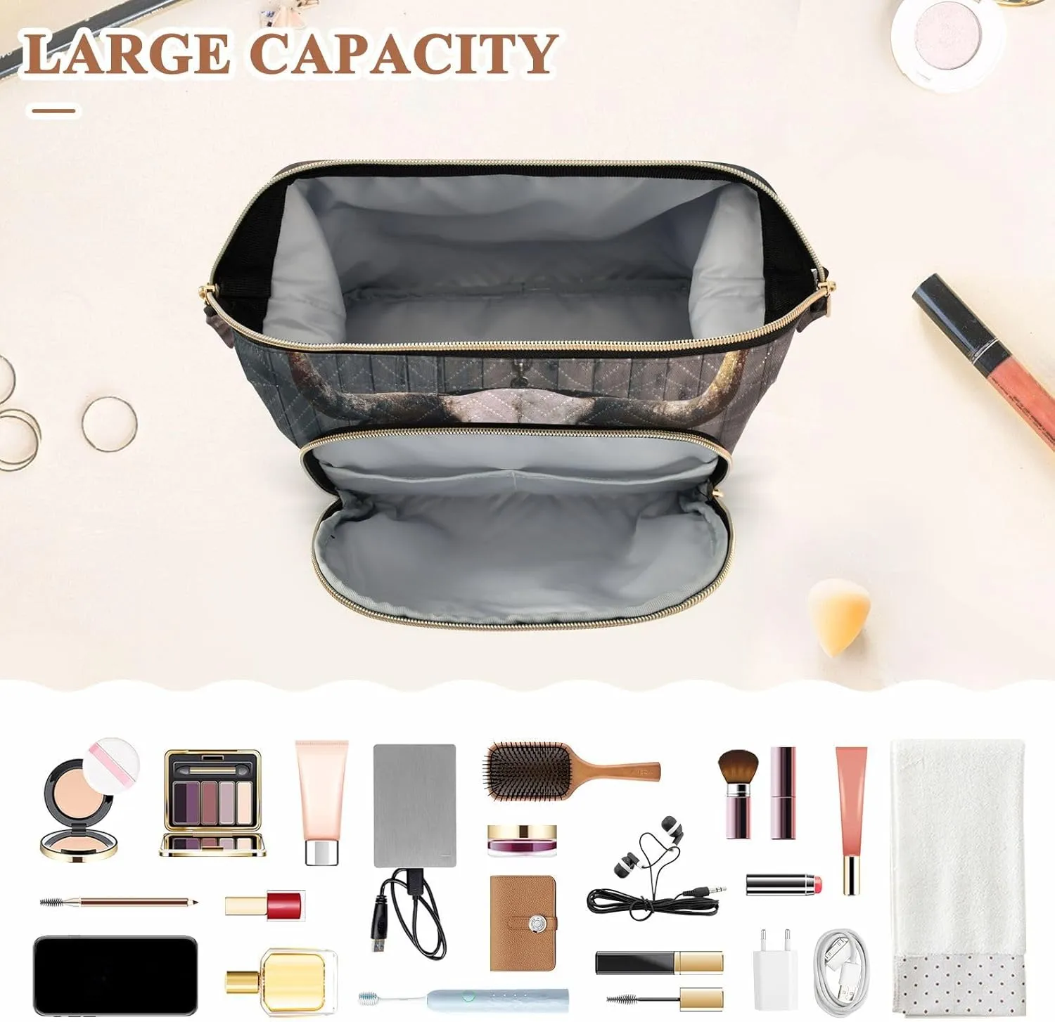 Women Wave Quilt Cosmetic Bag, Storage Pouch Handbag Makeup Case Zipper Toiletry Purse Holder Organizer 10.2x5.9x6.7 in Long Horned Bull Skull Old West Wagon Wheel Hanged on a Wood Wall