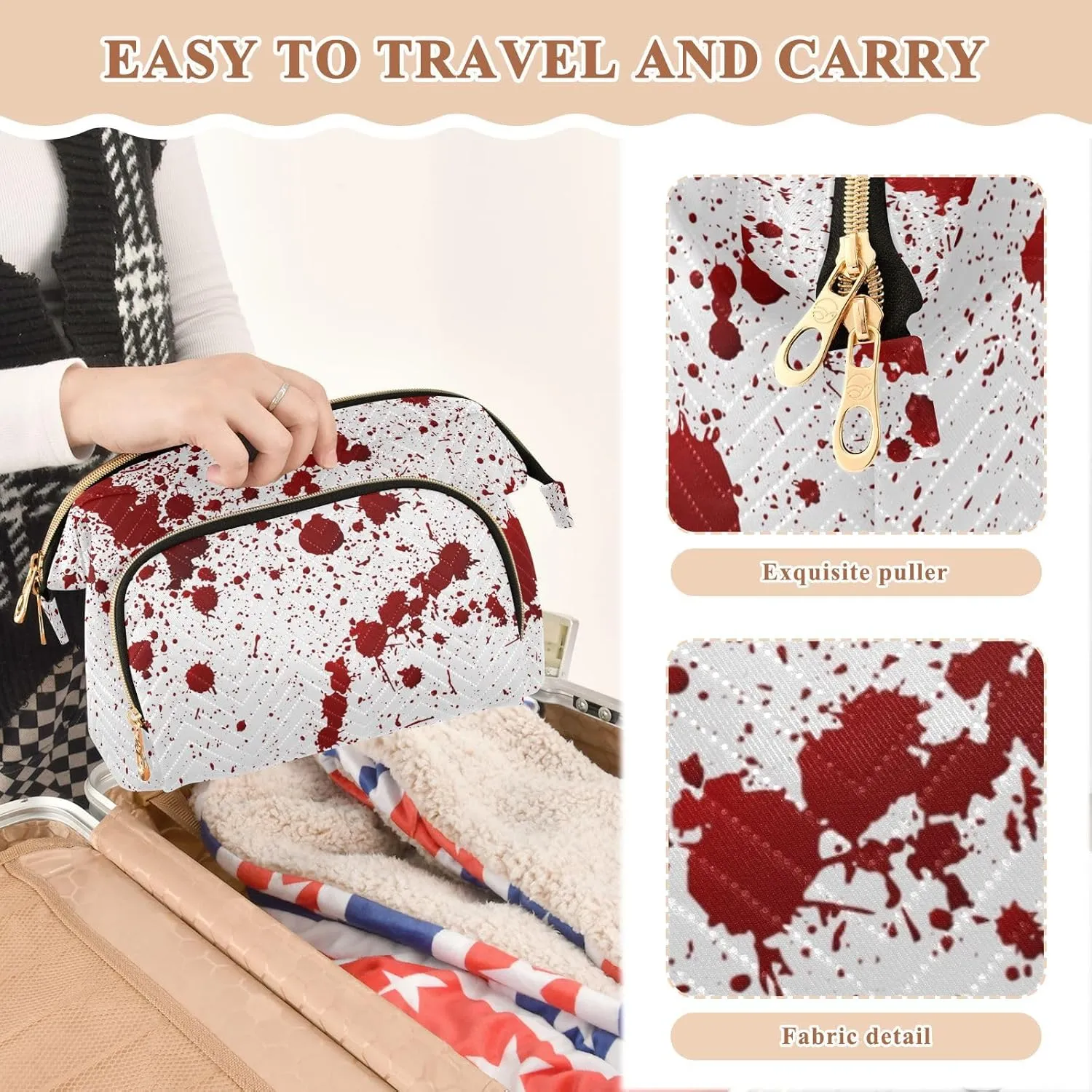 Women Wave Quilt Cosmetic Bag, Storage Pouch Handbag Makeup Case Zipper Toiletry Purse Holder Organizer 10.2x5.9x6.7 in Red Blood Ink Splatter Spots Stains Isolated on White