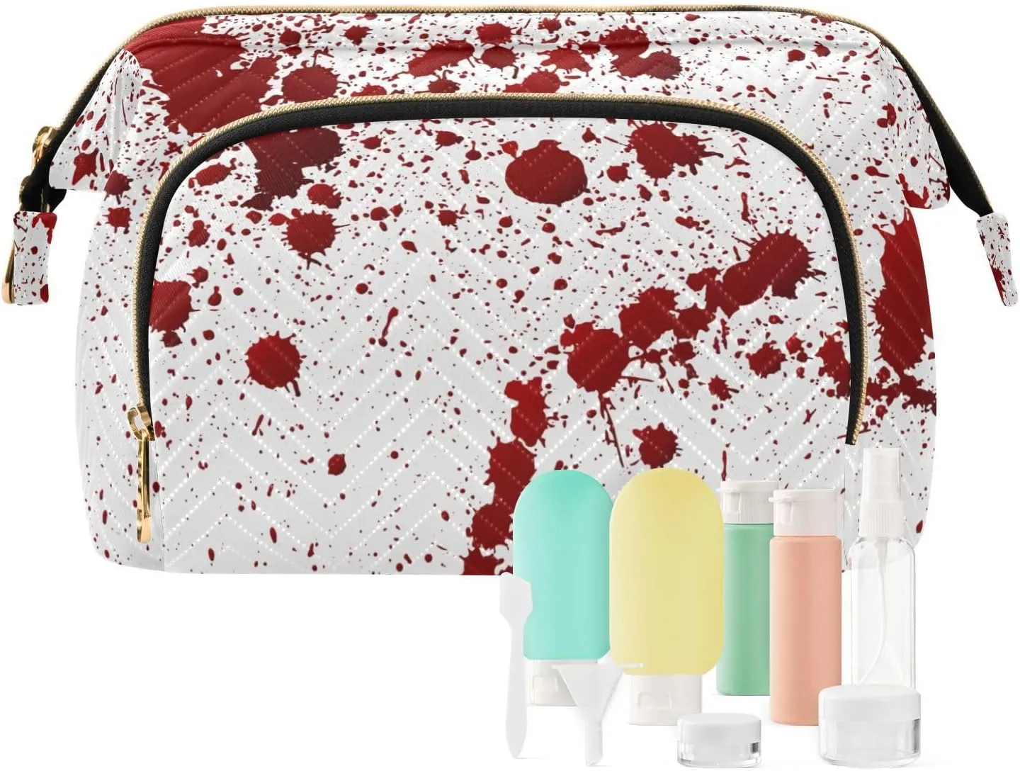 Women Wave Quilt Cosmetic Bag, Storage Pouch Handbag Makeup Case Zipper Toiletry Purse Holder Organizer 10.2x5.9x6.7 in Red Blood Ink Splatter Spots Stains Isolated on White