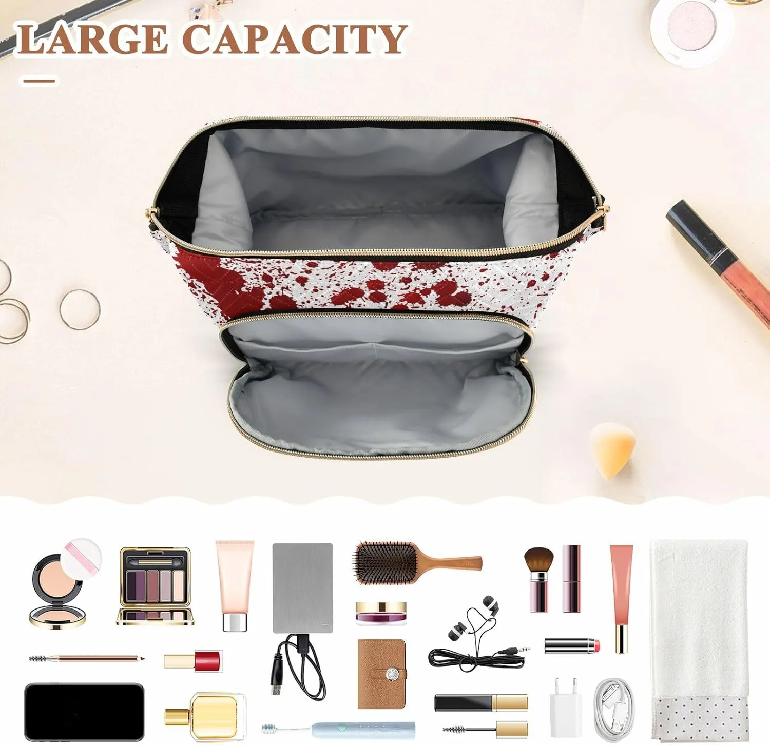 Women Wave Quilt Cosmetic Bag, Storage Pouch Handbag Makeup Case Zipper Toiletry Purse Holder Organizer 10.2x5.9x6.7 in Red Blood Ink Splatter Spots Stains Isolated on White