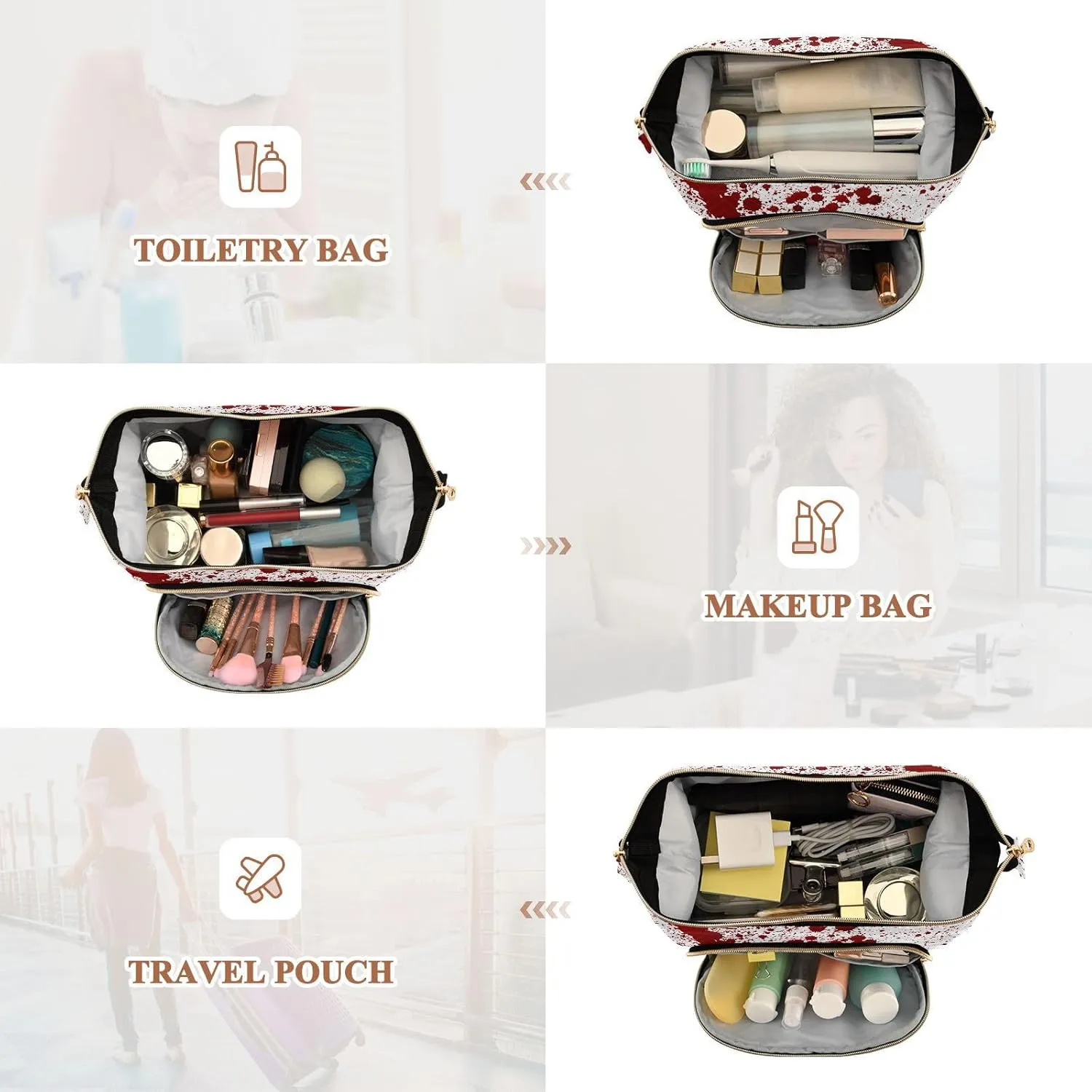 Women Wave Quilt Cosmetic Bag, Storage Pouch Handbag Makeup Case Zipper Toiletry Purse Holder Organizer 10.2x5.9x6.7 in Red Blood Ink Splatter Spots Stains Isolated on White
