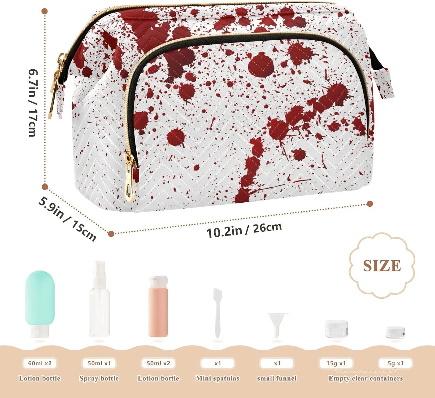 Women Wave Quilt Cosmetic Bag, Storage Pouch Handbag Makeup Case Zipper Toiletry Purse Holder Organizer 10.2x5.9x6.7 in Red Blood Ink Splatter Spots Stains Isolated on White