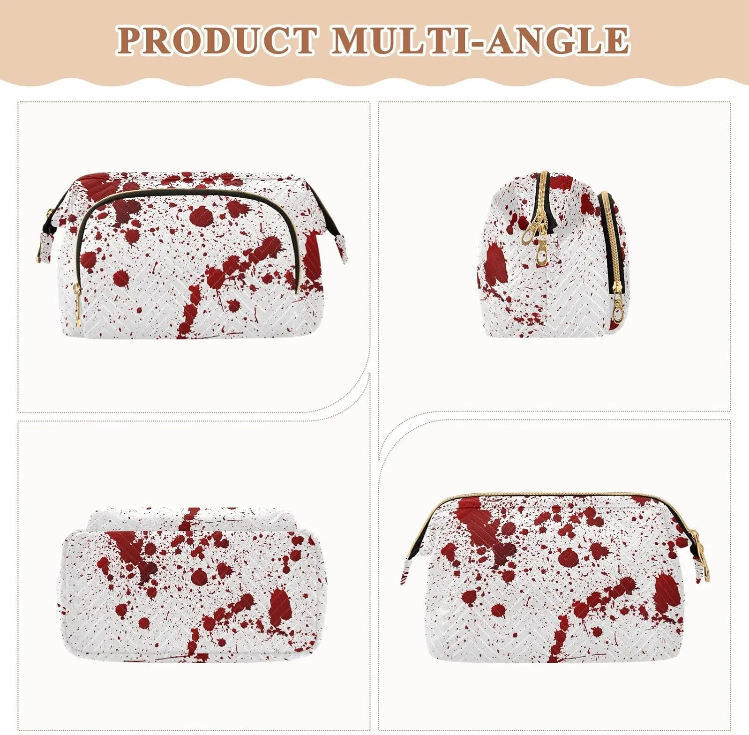 Women Wave Quilt Cosmetic Bag, Storage Pouch Handbag Makeup Case Zipper Toiletry Purse Holder Organizer 10.2x5.9x6.7 in Red Blood Ink Splatter Spots Stains Isolated on White