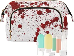 Women Wave Quilt Cosmetic Bag, Storage Pouch Handbag Makeup Case Zipper Toiletry Purse Holder Organizer 10.2x5.9x6.7 in Red Blood Ink Splatter Spots Stains Isolated on White