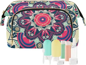 Women Wave Quilt Cosmetic Bag, Storage Pouch Handbag Makeup Case Zipper Toiletry Purse Holder Organizer 10.2x5.9x6.7 in Tribal Ethnic Mandala Floral Flowers Abstract Ornamental Backdrop