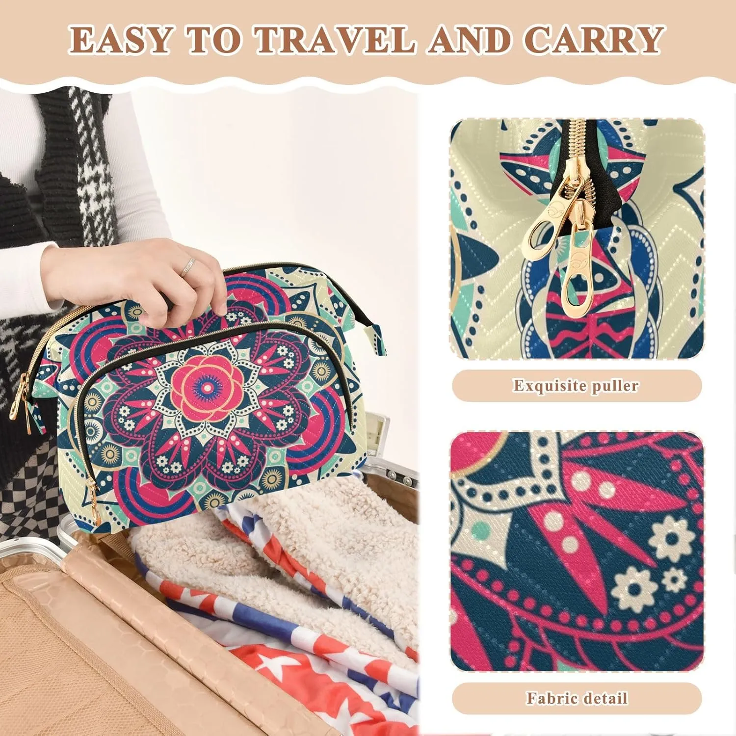 Women Wave Quilt Cosmetic Bag, Storage Pouch Handbag Makeup Case Zipper Toiletry Purse Holder Organizer 10.2x5.9x6.7 in Tribal Ethnic Mandala Floral Flowers Abstract Ornamental Backdrop