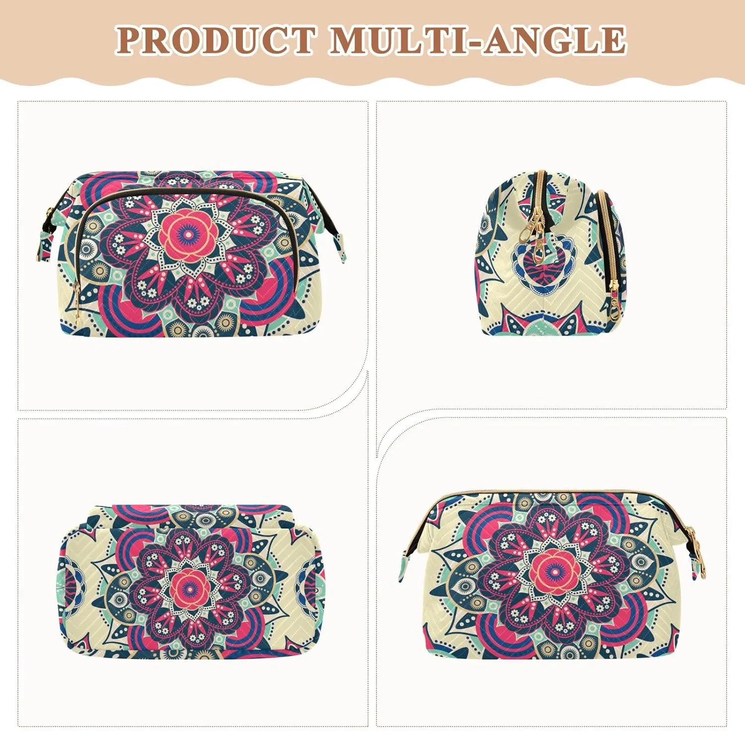 Women Wave Quilt Cosmetic Bag, Storage Pouch Handbag Makeup Case Zipper Toiletry Purse Holder Organizer 10.2x5.9x6.7 in Tribal Ethnic Mandala Floral Flowers Abstract Ornamental Backdrop