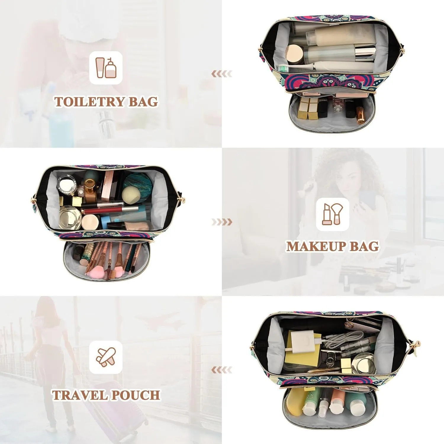 Women Wave Quilt Cosmetic Bag, Storage Pouch Handbag Makeup Case Zipper Toiletry Purse Holder Organizer 10.2x5.9x6.7 in Tribal Ethnic Mandala Floral Flowers Abstract Ornamental Backdrop