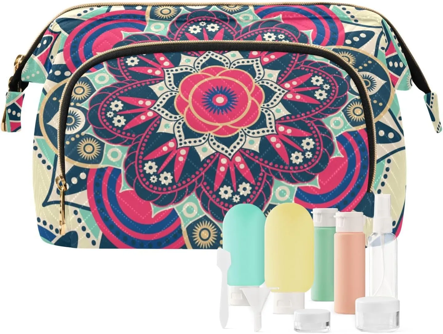 Women Wave Quilt Cosmetic Bag, Storage Pouch Handbag Makeup Case Zipper Toiletry Purse Holder Organizer 10.2x5.9x6.7 in Tribal Ethnic Mandala Floral Flowers Abstract Ornamental Backdrop