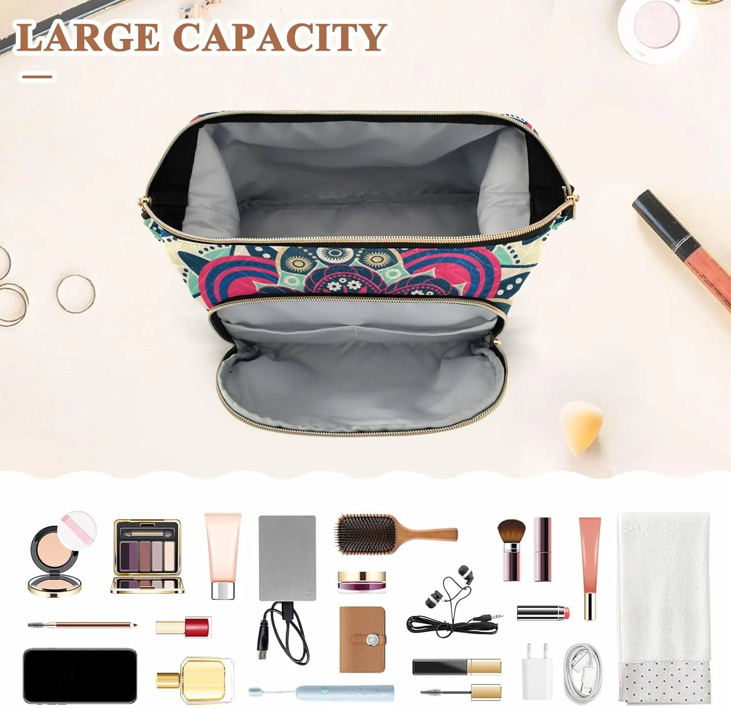 Women Wave Quilt Cosmetic Bag, Storage Pouch Handbag Makeup Case Zipper Toiletry Purse Holder Organizer 10.2x5.9x6.7 in Tribal Ethnic Mandala Floral Flowers Abstract Ornamental Backdrop
