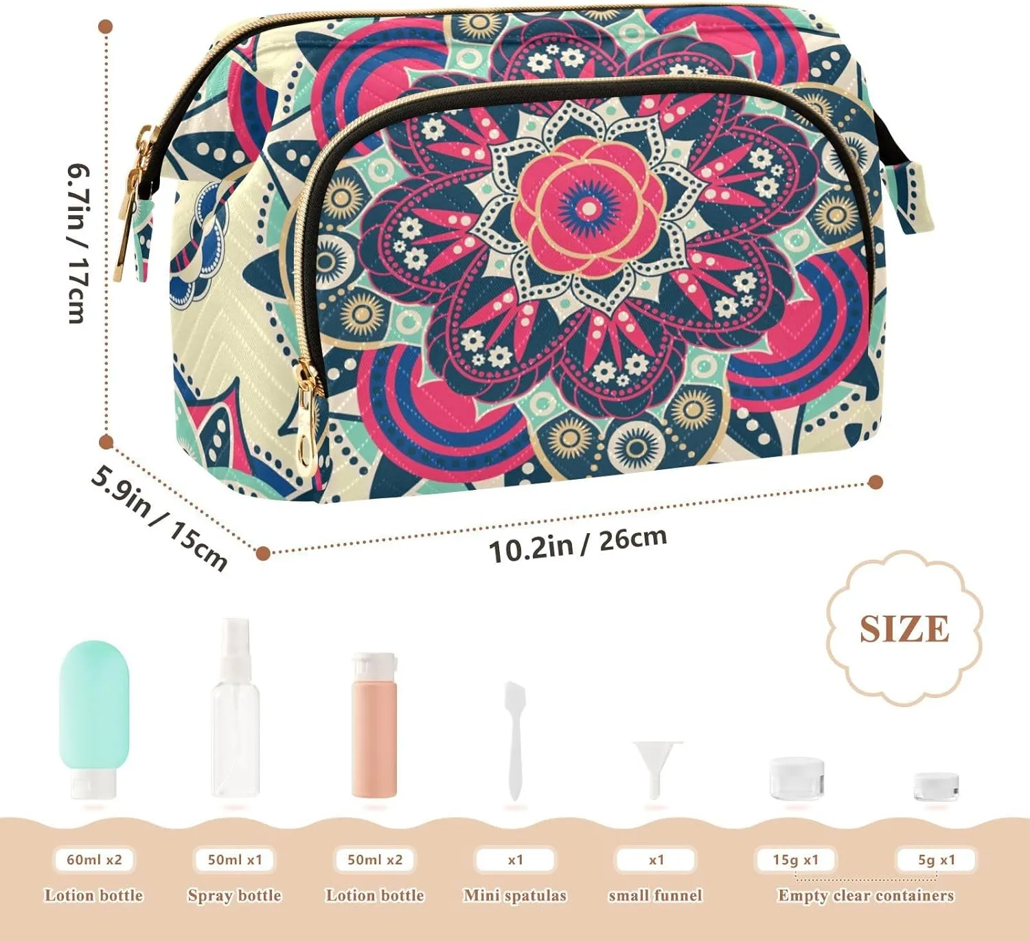 Women Wave Quilt Cosmetic Bag, Storage Pouch Handbag Makeup Case Zipper Toiletry Purse Holder Organizer 10.2x5.9x6.7 in Tribal Ethnic Mandala Floral Flowers Abstract Ornamental Backdrop
