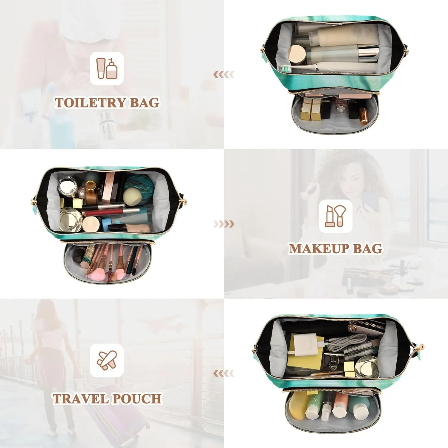 Women Wave Quilt Cosmetic Bag, Storage Pouch Handbag Makeup Case Zipper Toiletry Purse Holder Organizer 10.2x5.9x6.7 in Turquoise Liquid Marble Agate Paint Emerald Green Macro Wave