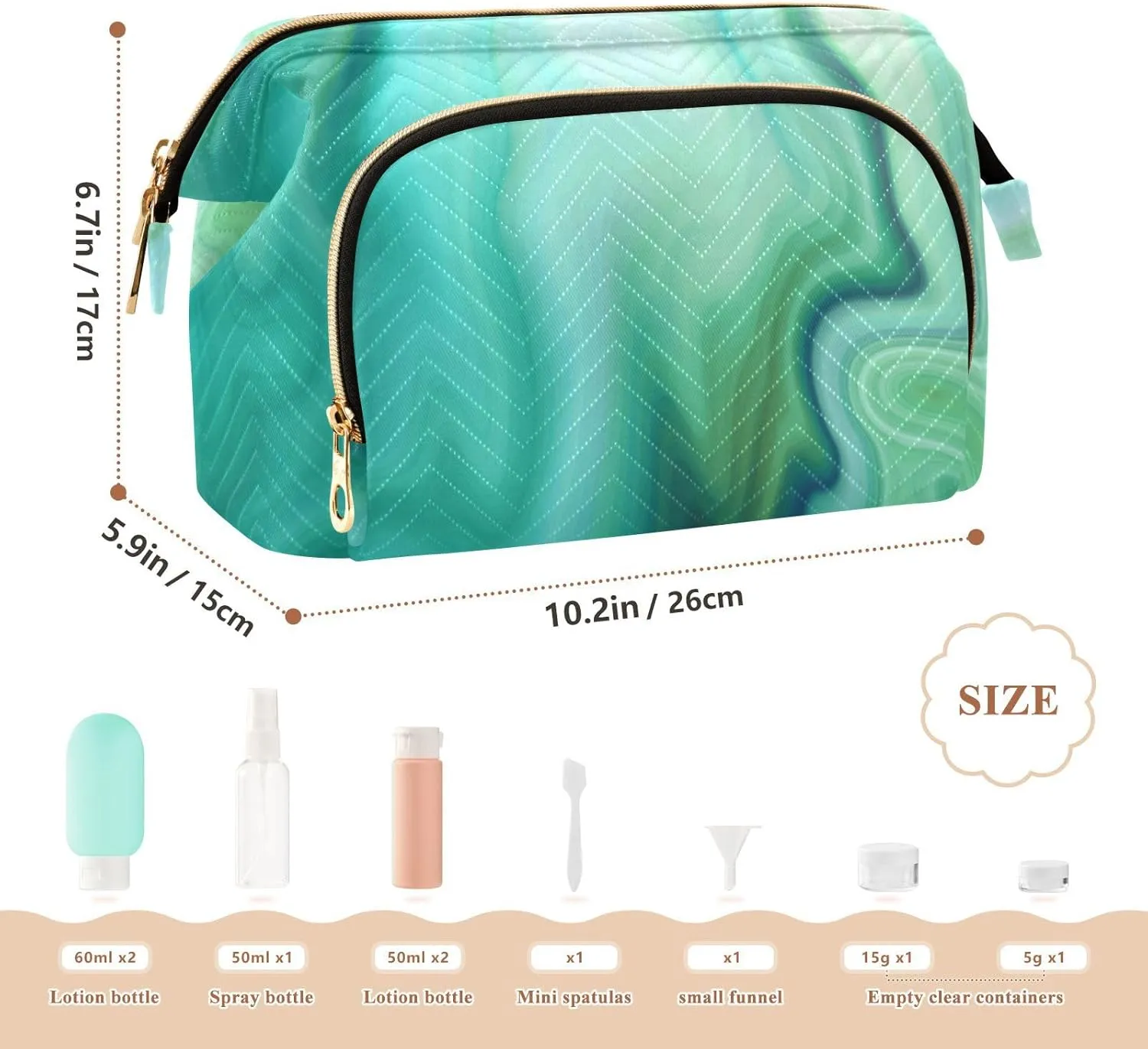 Women Wave Quilt Cosmetic Bag, Storage Pouch Handbag Makeup Case Zipper Toiletry Purse Holder Organizer 10.2x5.9x6.7 in Turquoise Liquid Marble Agate Paint Emerald Green Macro Wave