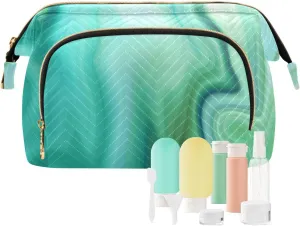 Women Wave Quilt Cosmetic Bag, Storage Pouch Handbag Makeup Case Zipper Toiletry Purse Holder Organizer 10.2x5.9x6.7 in Turquoise Liquid Marble Agate Paint Emerald Green Macro Wave