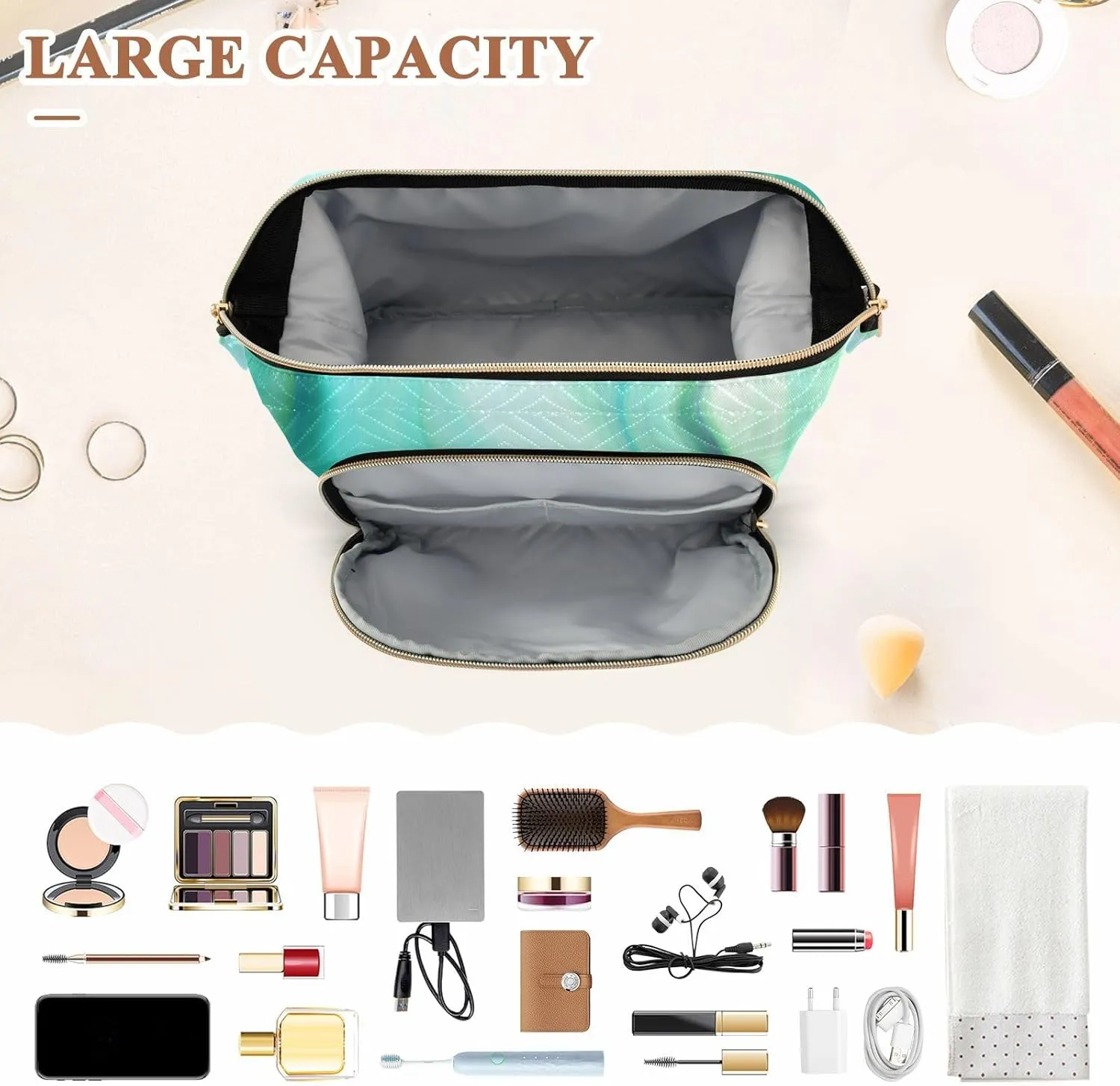 Women Wave Quilt Cosmetic Bag, Storage Pouch Handbag Makeup Case Zipper Toiletry Purse Holder Organizer 10.2x5.9x6.7 in Turquoise Liquid Marble Agate Paint Emerald Green Macro Wave