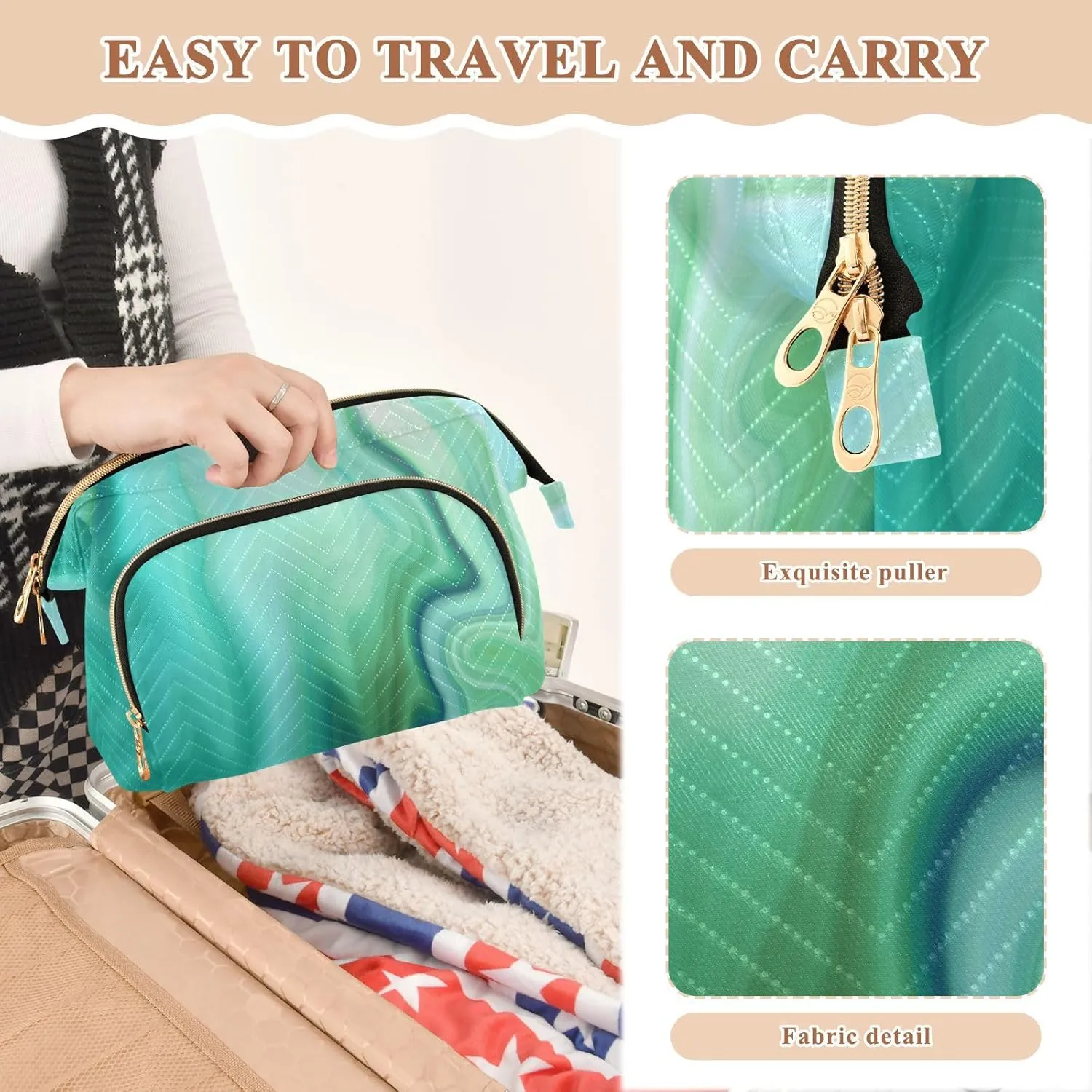 Women Wave Quilt Cosmetic Bag, Storage Pouch Handbag Makeup Case Zipper Toiletry Purse Holder Organizer 10.2x5.9x6.7 in Turquoise Liquid Marble Agate Paint Emerald Green Macro Wave