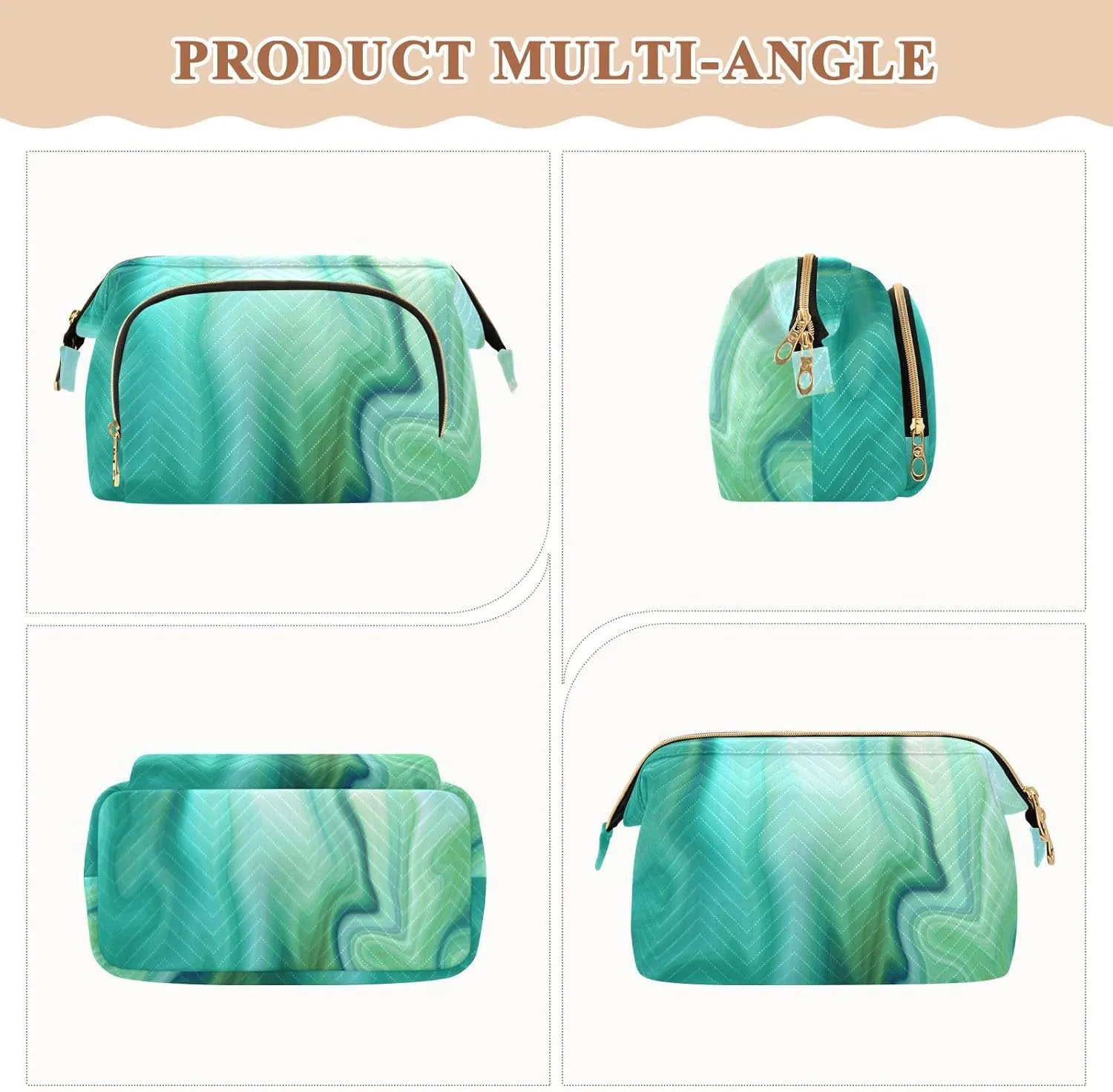 Women Wave Quilt Cosmetic Bag, Storage Pouch Handbag Makeup Case Zipper Toiletry Purse Holder Organizer 10.2x5.9x6.7 in Turquoise Liquid Marble Agate Paint Emerald Green Macro Wave