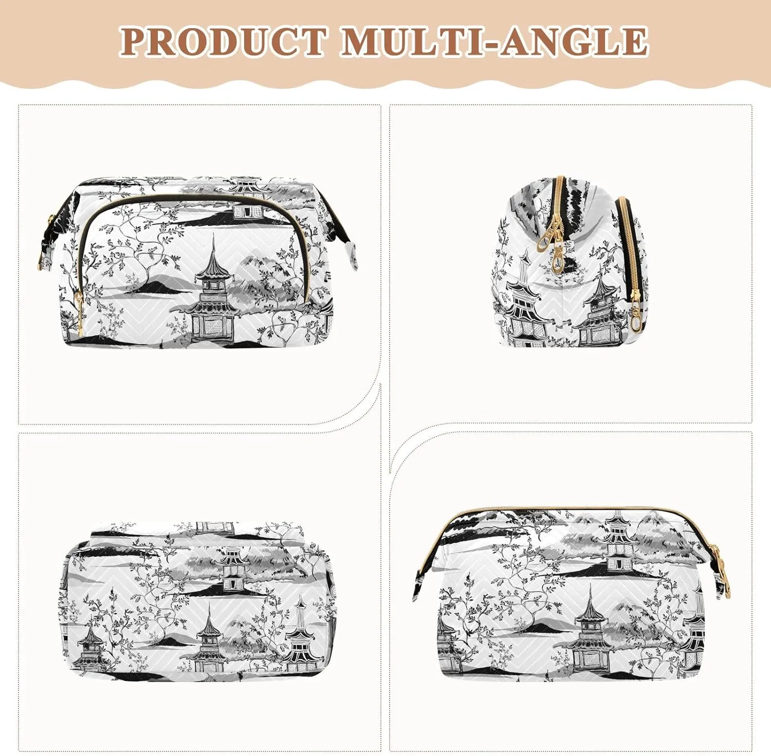 Women Wave Quilt Cosmetic Bag, Storage Pouch Handbag Makeup Case Zipper Toiletry Purse Holder Organizer 10.2x5.9x6.7 in Vintage Retro Black Ink Chinese Pagodas, Mountains, Trees