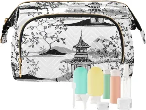 Women Wave Quilt Cosmetic Bag, Storage Pouch Handbag Makeup Case Zipper Toiletry Purse Holder Organizer 10.2x5.9x6.7 in Vintage Retro Black Ink Chinese Pagodas, Mountains, Trees