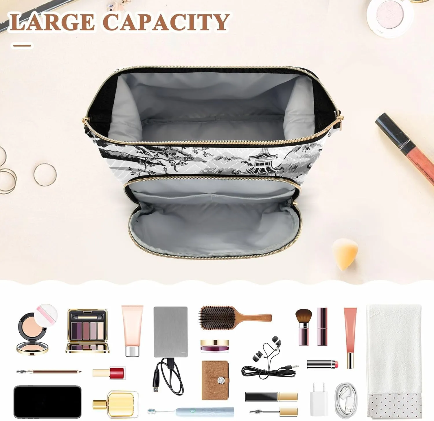 Women Wave Quilt Cosmetic Bag, Storage Pouch Handbag Makeup Case Zipper Toiletry Purse Holder Organizer 10.2x5.9x6.7 in Vintage Retro Black Ink Chinese Pagodas, Mountains, Trees