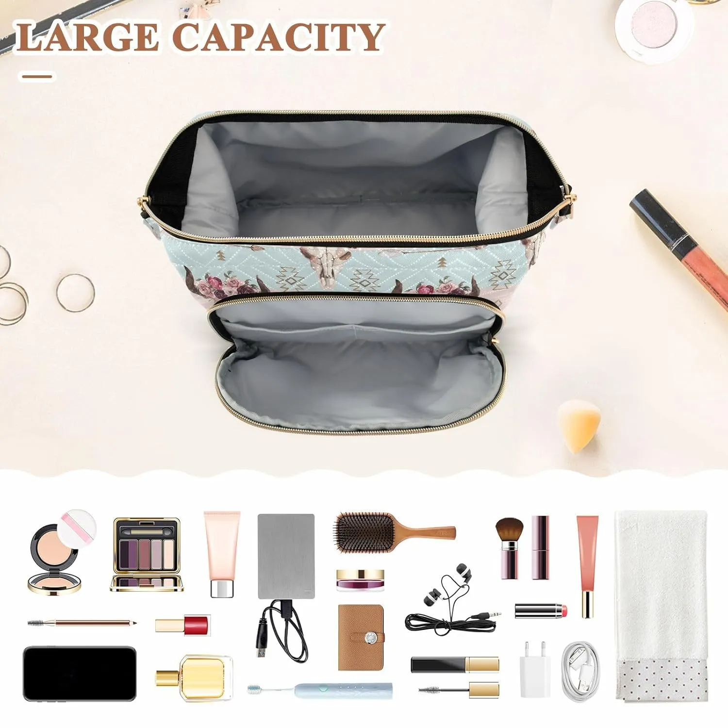 Women Wave Quilt Cosmetic Bag, Zipper Toiletry Storage 10.2x5.9x6.7 in, Pouch Handbag Makeup Case Purse Holder Organizer Print Bull Skull With Horns Flowers Native American Arrows