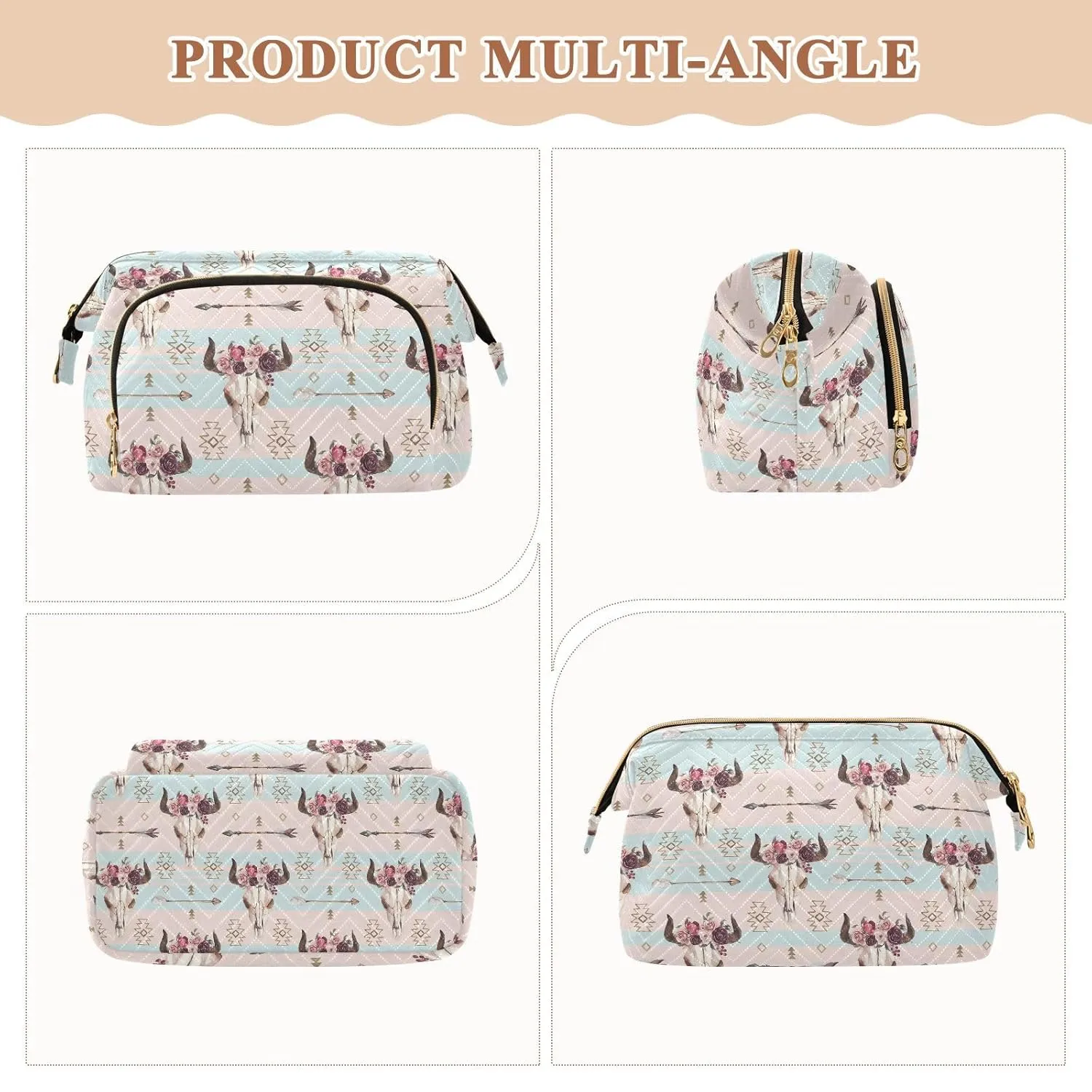 Women Wave Quilt Cosmetic Bag, Zipper Toiletry Storage 10.2x5.9x6.7 in, Pouch Handbag Makeup Case Purse Holder Organizer Print Bull Skull With Horns Flowers Native American Arrows