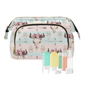 Women Wave Quilt Cosmetic Bag, Zipper Toiletry Storage 10.2x5.9x6.7 in, Pouch Handbag Makeup Case Purse Holder Organizer Print Bull Skull With Horns Flowers Native American Arrows