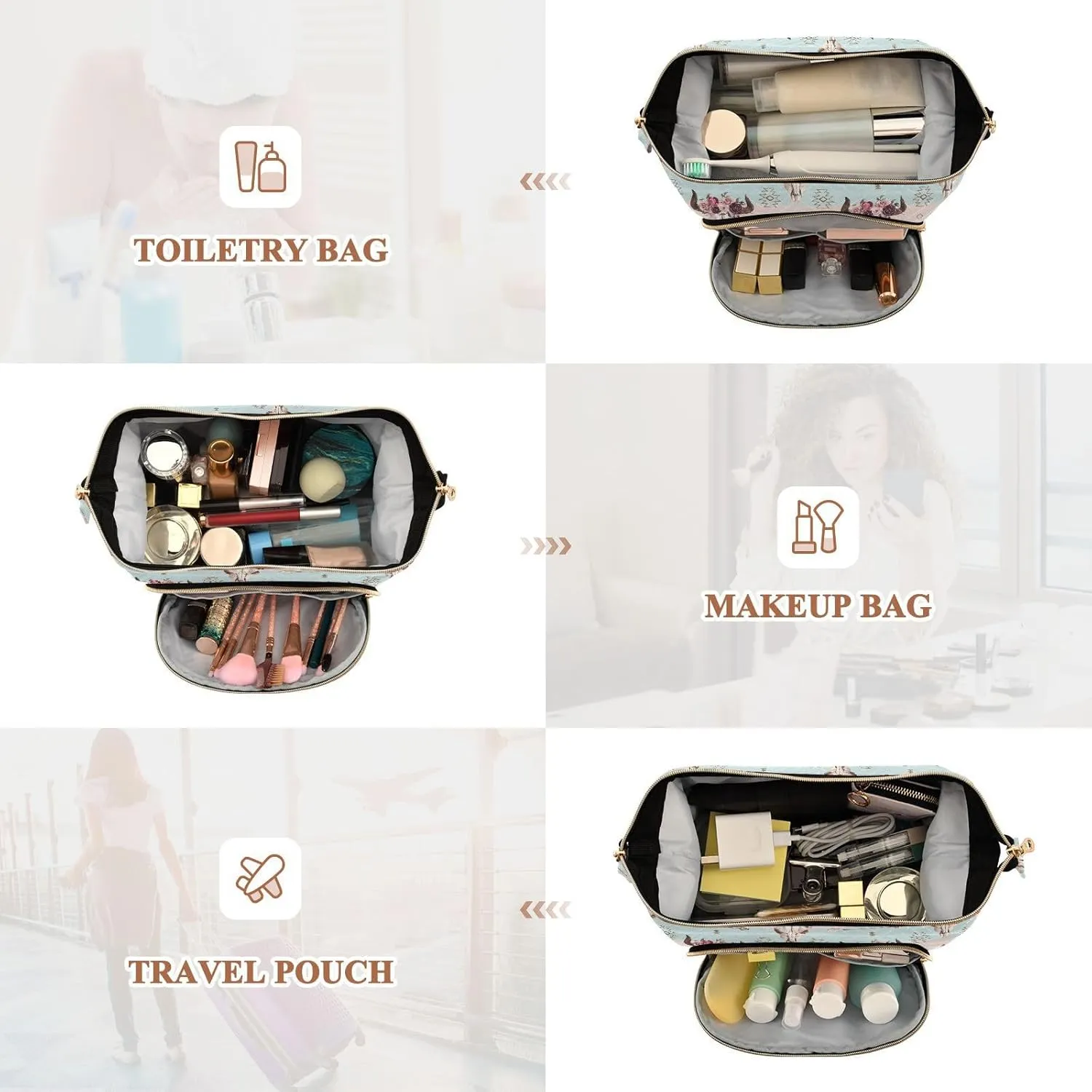 Women Wave Quilt Cosmetic Bag, Zipper Toiletry Storage 10.2x5.9x6.7 in, Pouch Handbag Makeup Case Purse Holder Organizer Print Bull Skull With Horns Flowers Native American Arrows