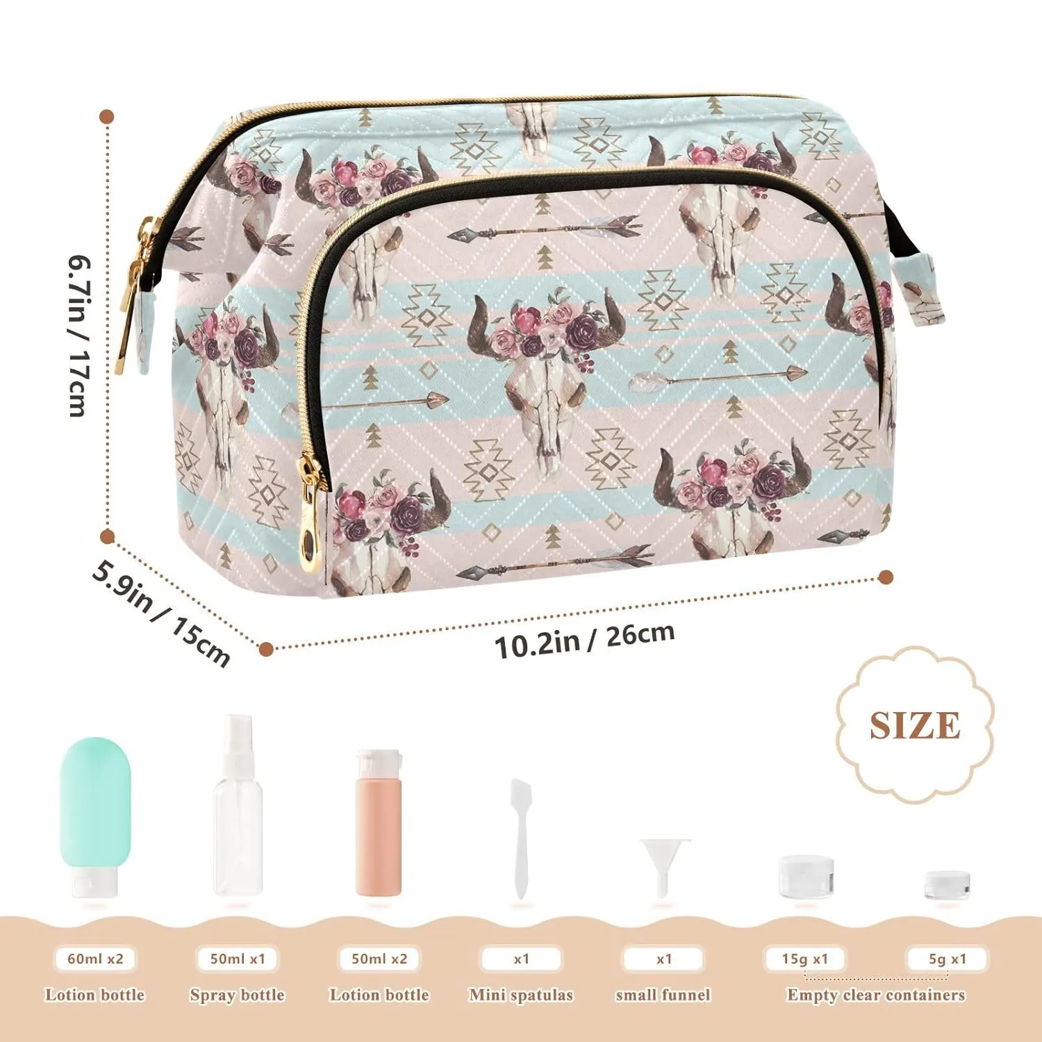 Women Wave Quilt Cosmetic Bag, Zipper Toiletry Storage 10.2x5.9x6.7 in, Pouch Handbag Makeup Case Purse Holder Organizer Print Bull Skull With Horns Flowers Native American Arrows