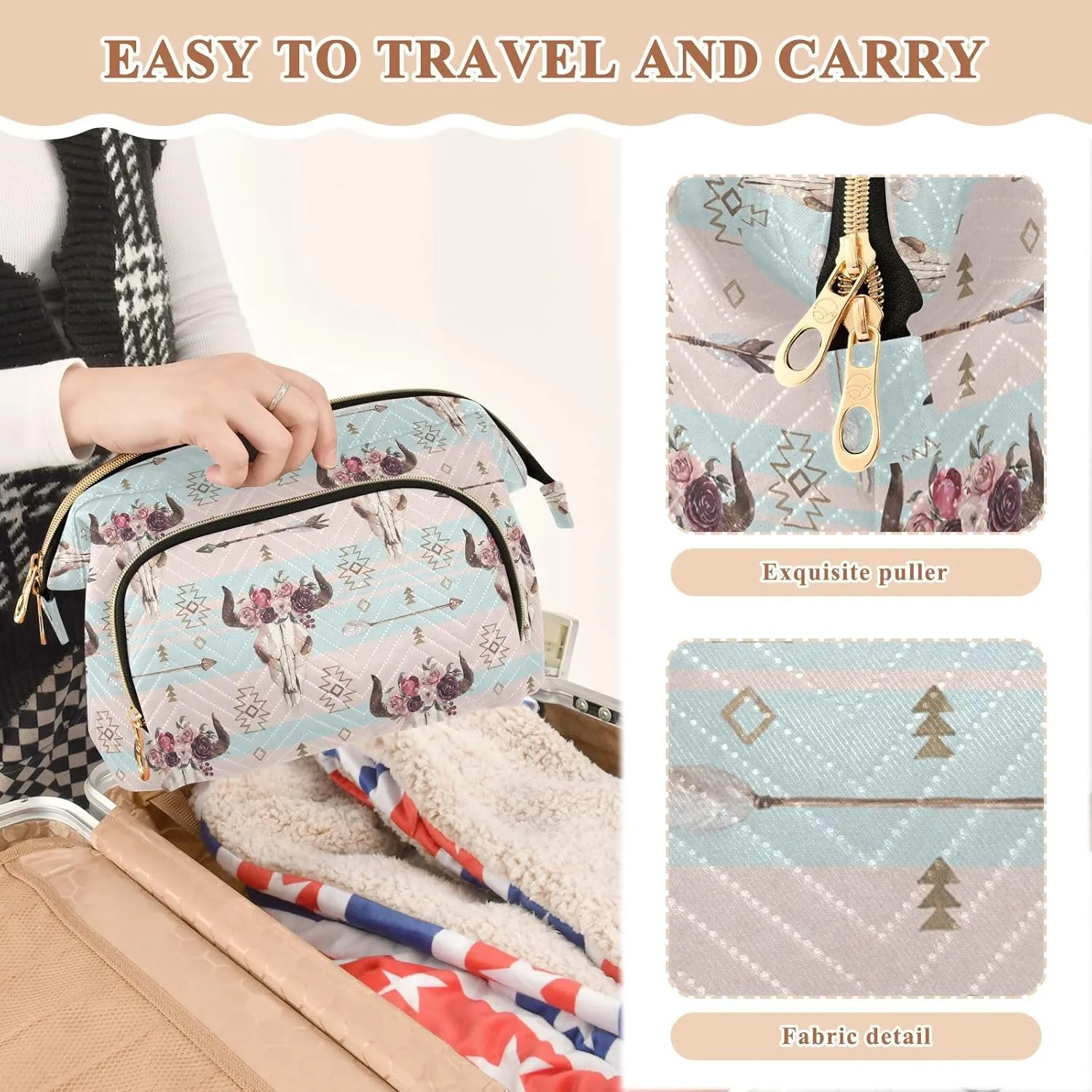 Women Wave Quilt Cosmetic Bag, Zipper Toiletry Storage 10.2x5.9x6.7 in, Pouch Handbag Makeup Case Purse Holder Organizer Print Bull Skull With Horns Flowers Native American Arrows